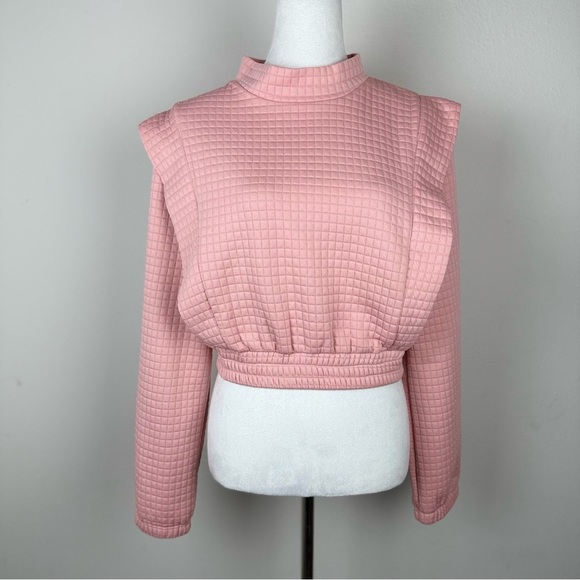 Simplee Women’s Pink Quilted Long Sleeve Crop Top Mock Neck‎ Pullover Size L - Picture 2 of 8